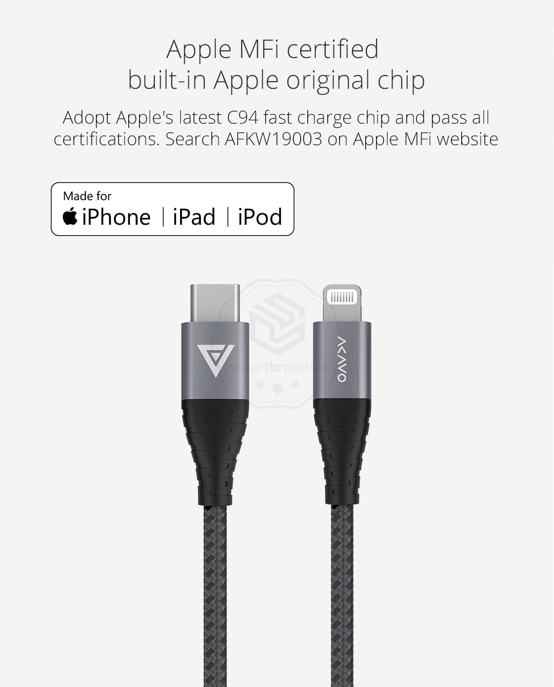 Adopt Apple's latest C94 fast charge chip and pass all certifications. Search AFKW19003 on Apple MFi website