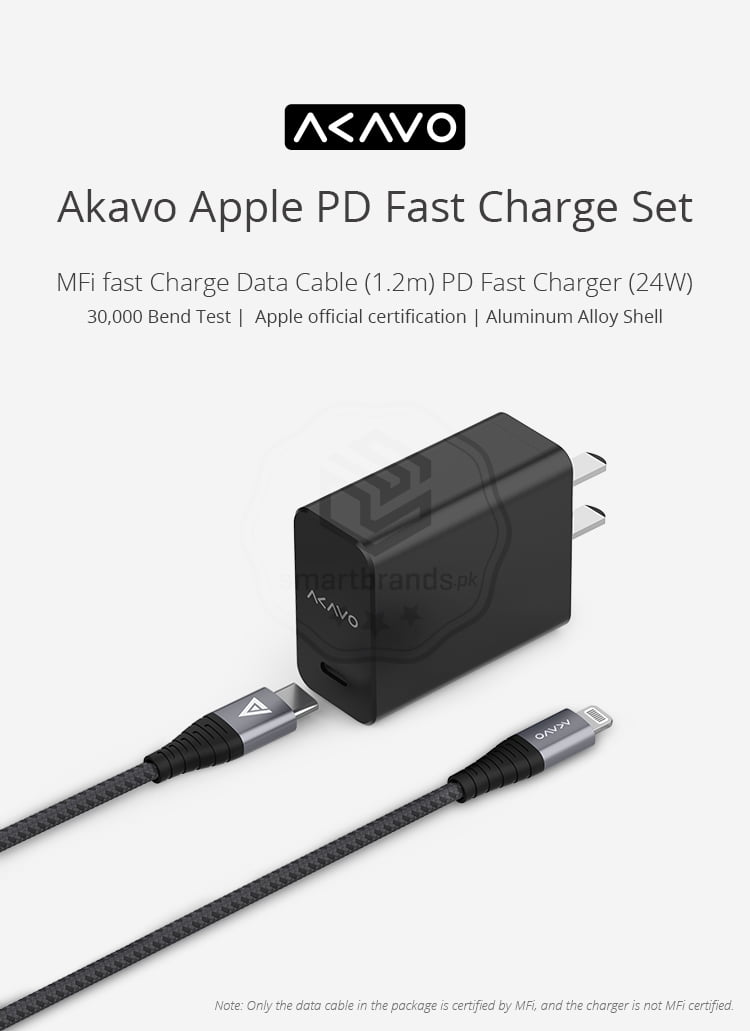 Akavo Apple PD Fast Charge Set. MFi fast Charge Data Cable (1.2m) PD Fast Charger (24W). 30,000 Bend Test | Apple official certification | Aluminum Alloy Shell