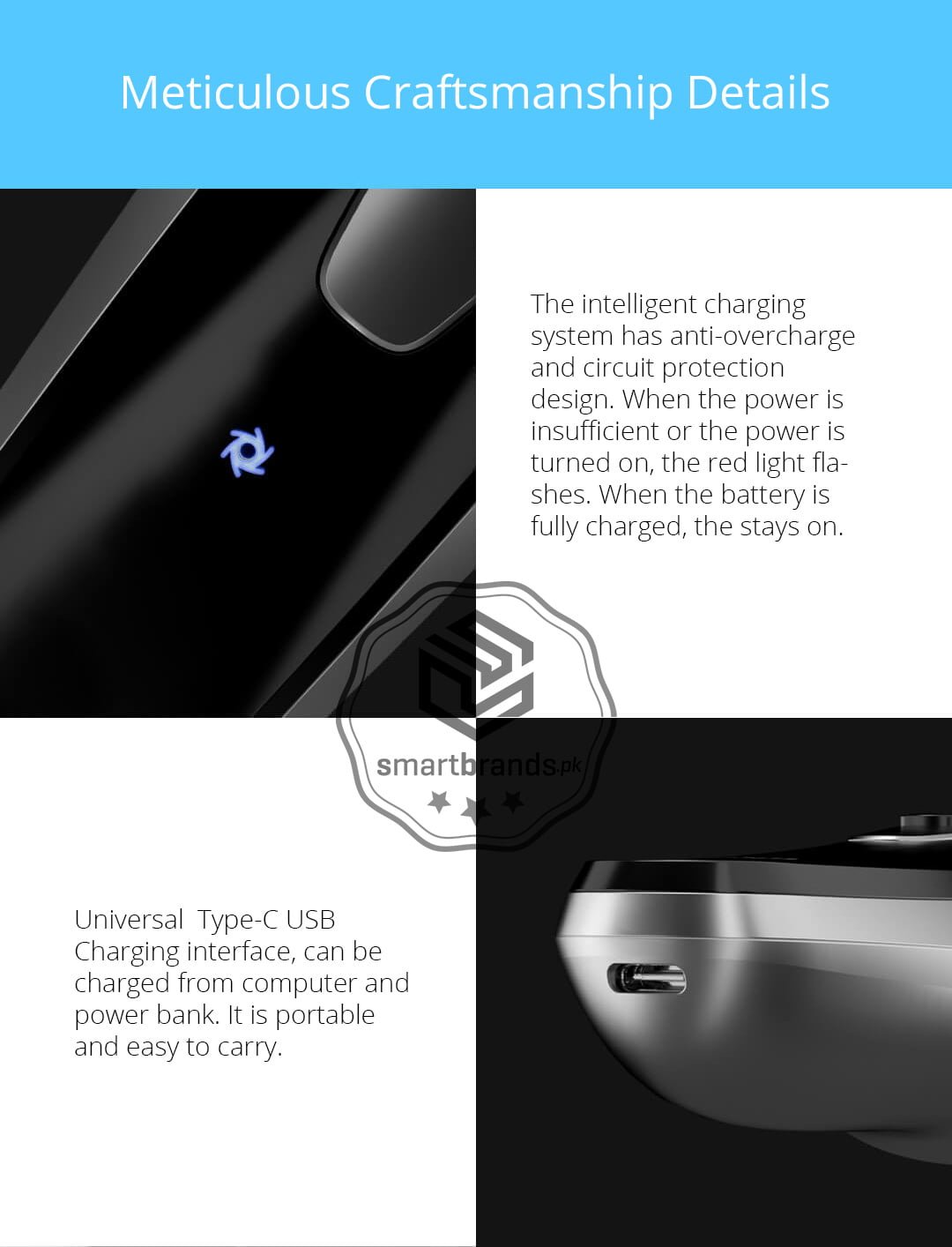 The intelligent charging system has anti-overcharge and circuit protection design. When the power is insufficient or the power is turned on, the red light flashes. When the battery is fully charged, the stays on.