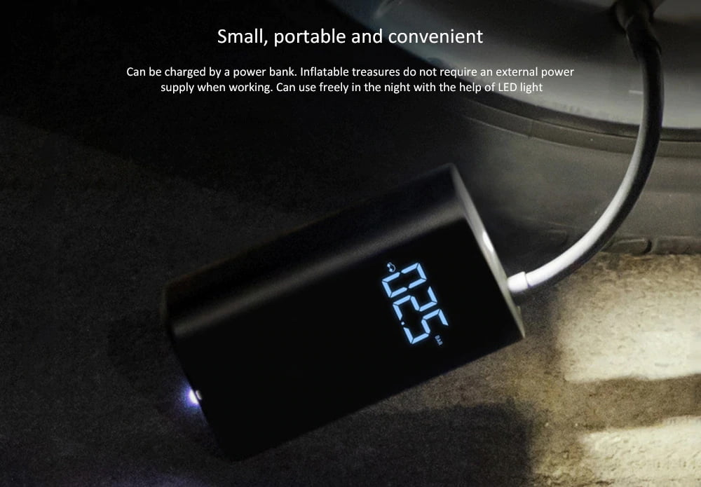 small portable and convenient. can be charged by a power bank. inflatable pump do require an external power supply when working. can use freely in the night with the help of led light