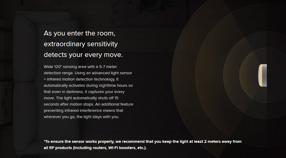 As you enter the room, extraordinary sensitivity detects your every move. Wide 120° sensing area with a 5-7 meter detection range. Using an advanced light sensor + infrared motion detection technology, it automatically activates during nighttime hours so that even in darkness, it captures your every move. The light automatically shuts off 15 seconds after motion stops. An additional feature preventing infrared interference means that wherever you go, the light stays with you.