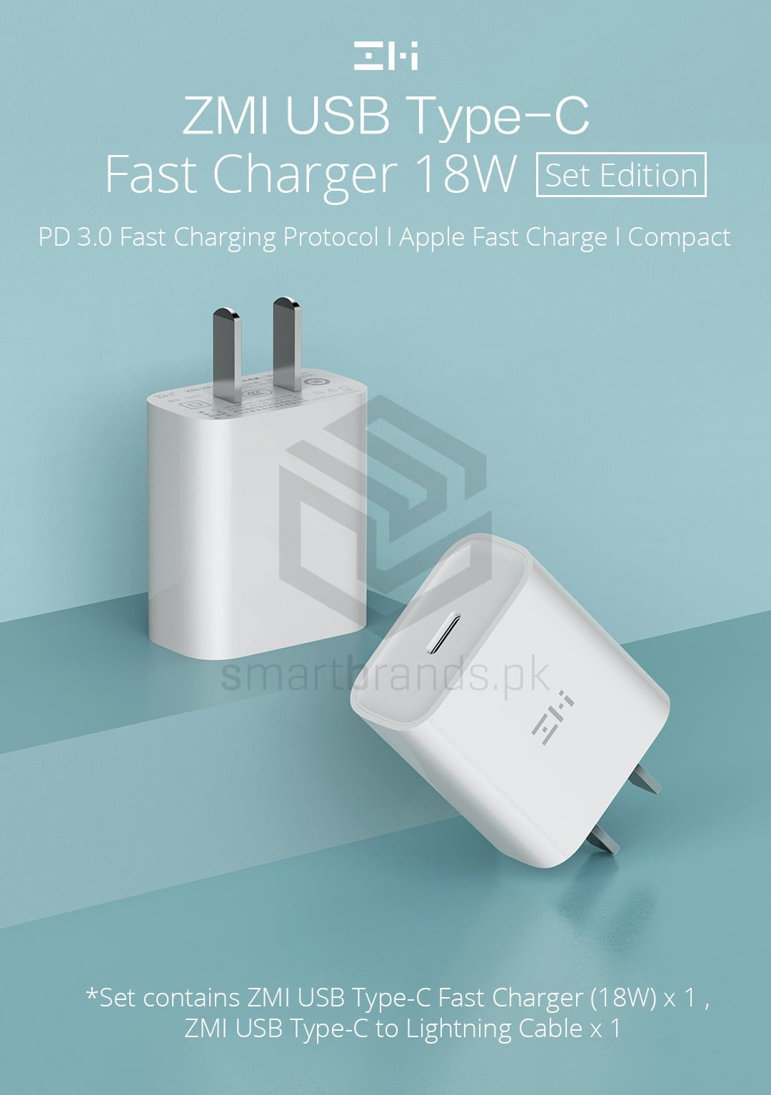 zmi usb type-c Charger 18W. set edition. PD 3.0 Fast Charging Protocol. Apple Fast Charge. Compact. *Set contains ZMI USB Type-C Fast Charger (18W) x 1 , ZMI USB Type-C to Lightning Cable x 1