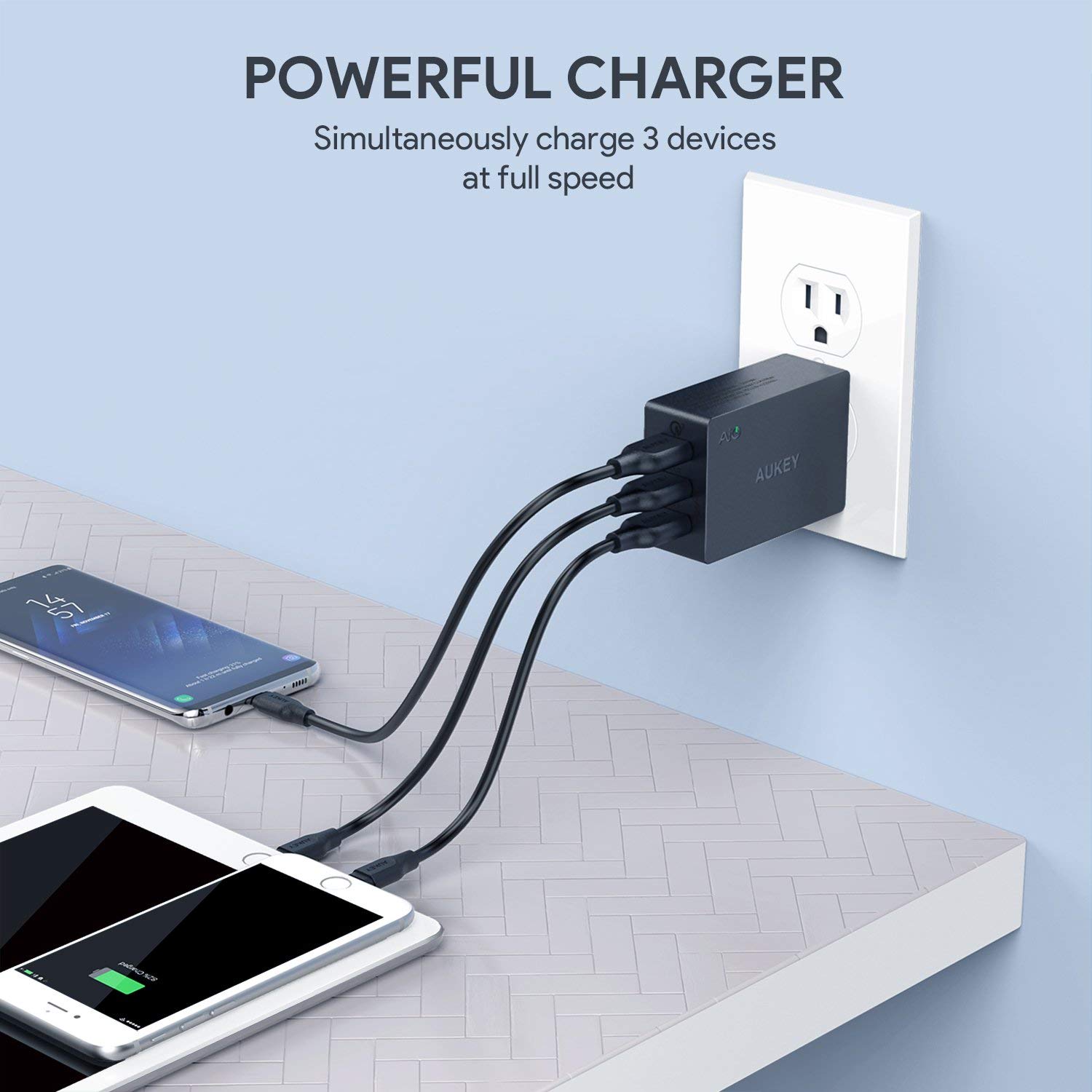 POWERFUL CHARGER Simultaneously charge 3 devices at full speed