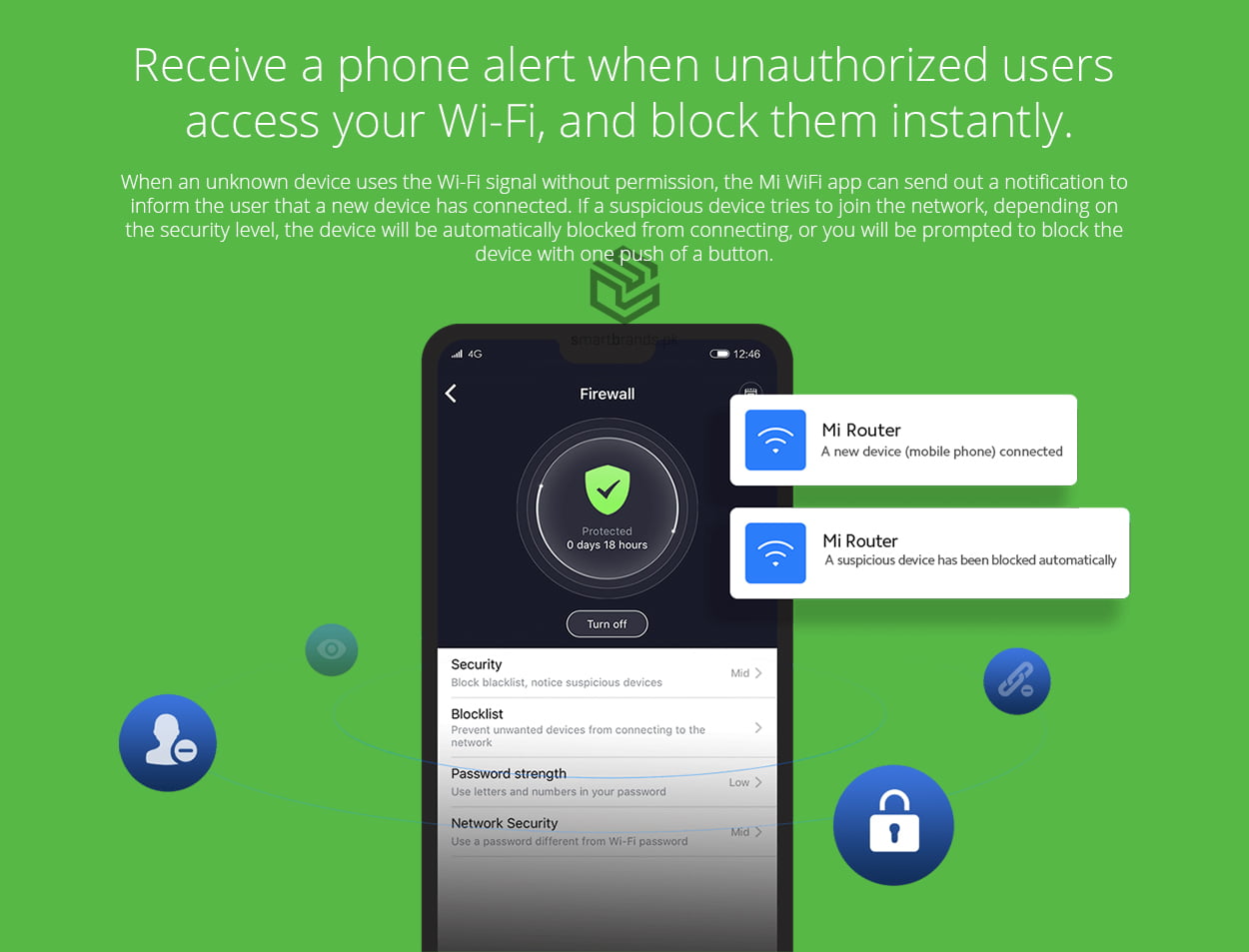 Receive a phone alert when unauthorized users access your Wi-Fi, and block them instantly. When an unknown device uses the Wi-Fi signal without permission, the Mi WiFi app can send out a notification to inform the user that a new device has connected. If a suspicious device tries to join the network, depending on the security level, the device will be automatically blocked from connecting, or you will be prompted to block the device with one push of a button.