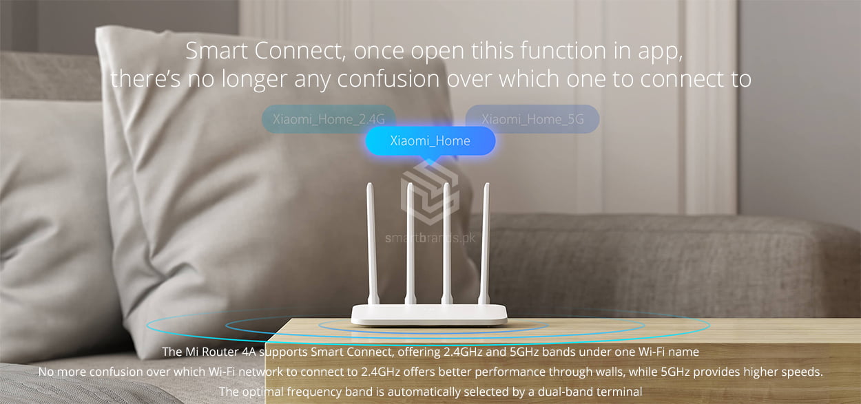 The Mi Router 4A supports Smart Connect, offering 2.4GHz and 5GHz bands under one Wi-Fi name No more confusion over which Wi-Fi network to connect to 2.4GHz offers better performance through walls, while 5GHz provides higher speeds. The optimal frequency band is automatically selected by a dual-band terminal