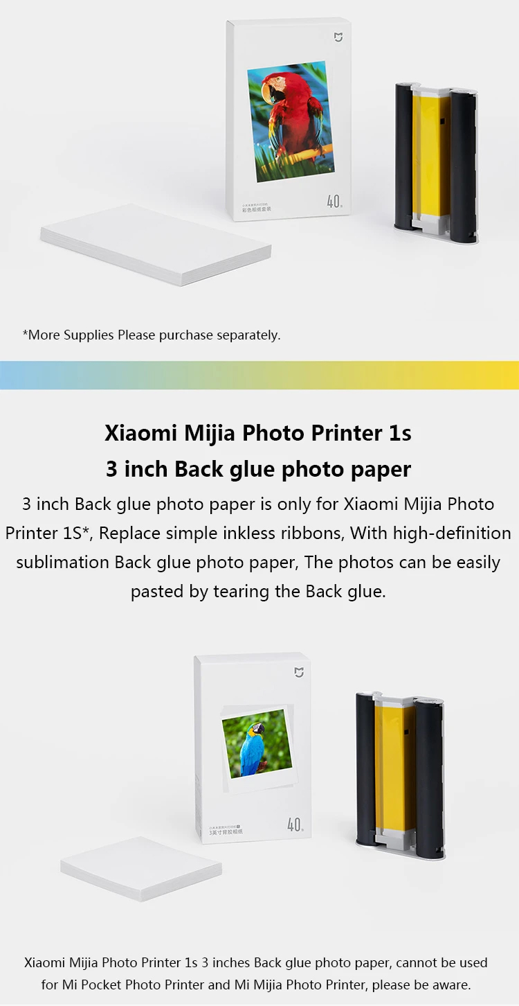 The 6-inch color photo paper set is compatible with Xiaomi Mijia Photo Printer and Xiaomi Mijia Photo Printer IS. It can be replaced with a simple inkless ribbon and matched with high-definition sublimation photo paper.