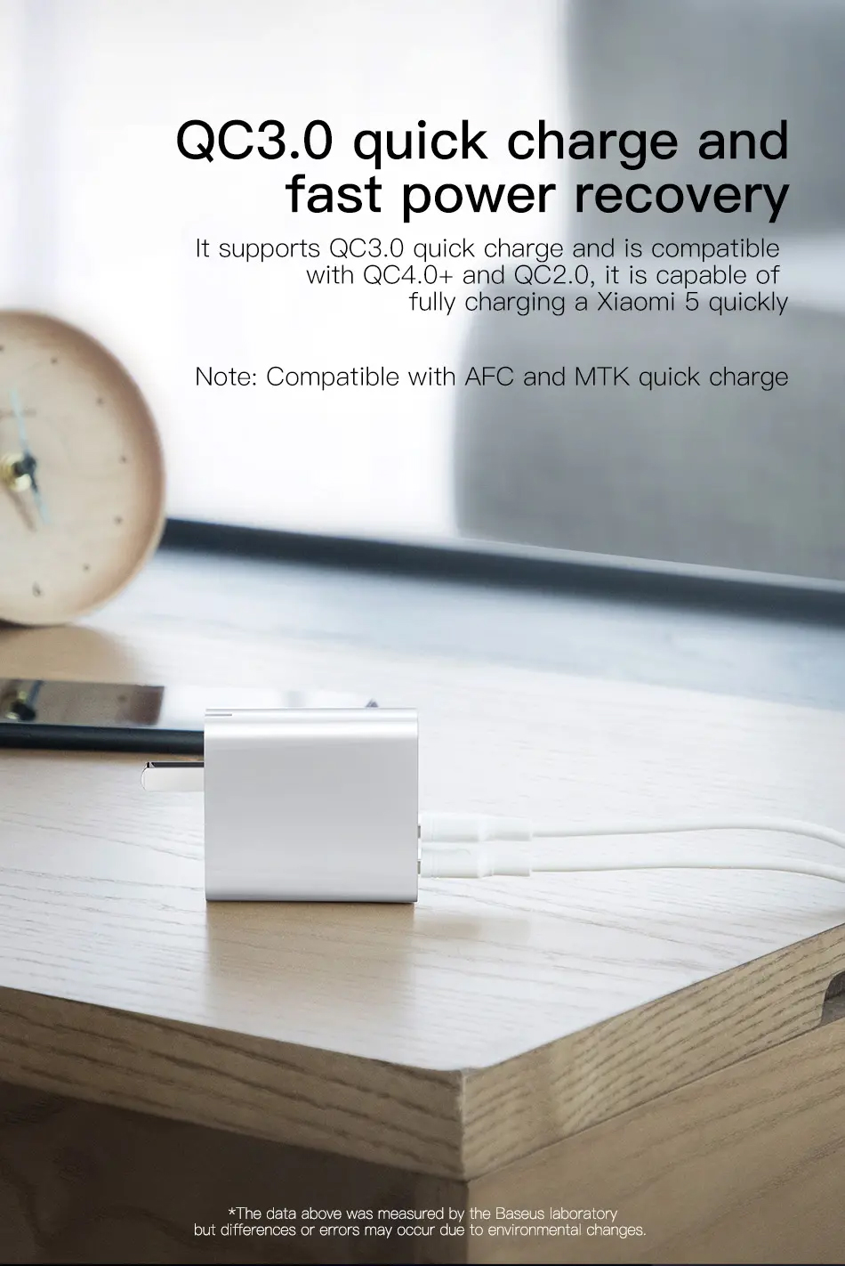 It supports QC3.O quick charge and is compatible with QC4.O+ and QC2.0, it is capable of fully charging a Xiaomi 5 quickly