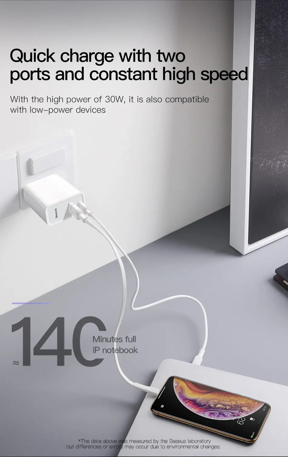 Quick charge with two ports and constant high speed With the high power of 30W, it is also compatible with low—power devices