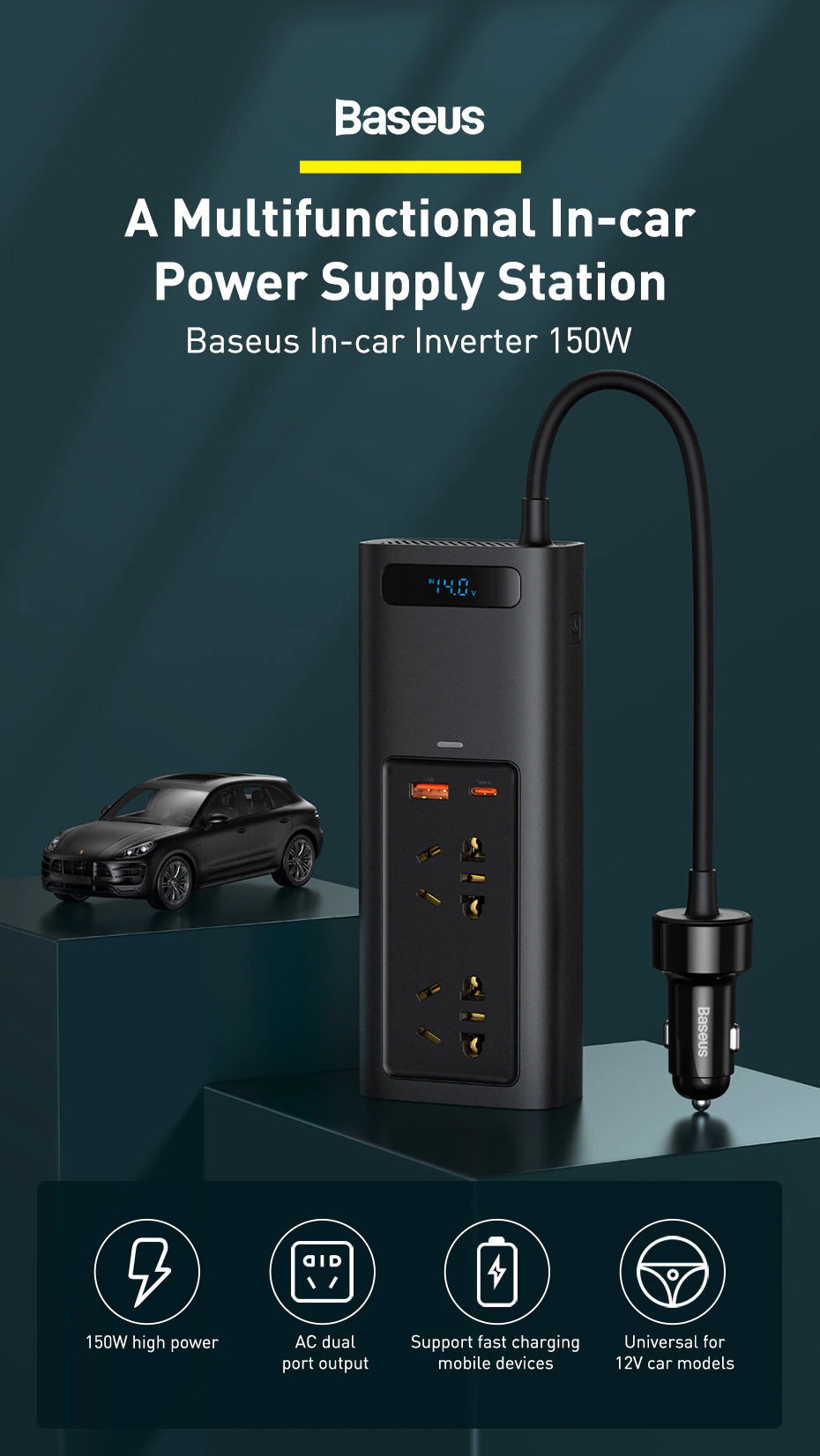 A Multifunctional In-car Power Supply Station Baseus In-car Inverter 150W