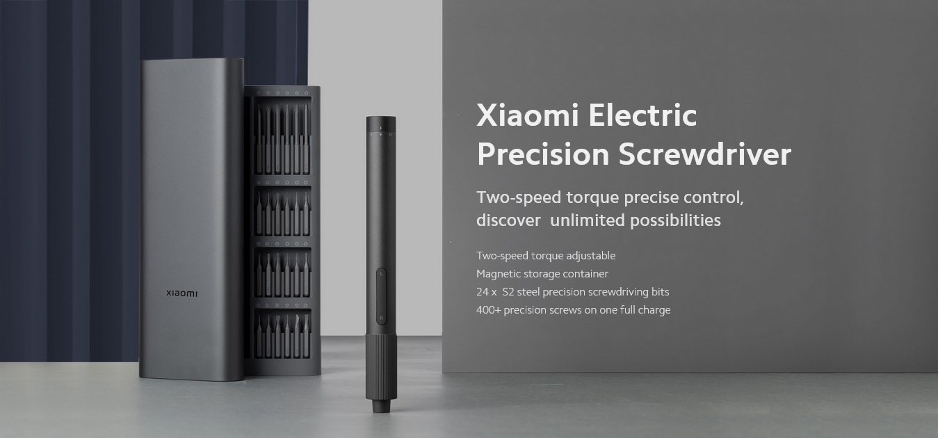 Xiaomi Electric Precision ScrewdriverTwo-speed torque precise control, discover unlimited possibilitiesTwo-speed torque adjustableMagnetic storage container24 x S2 steel precision screwdriving bits400+ precision screws on one full charge