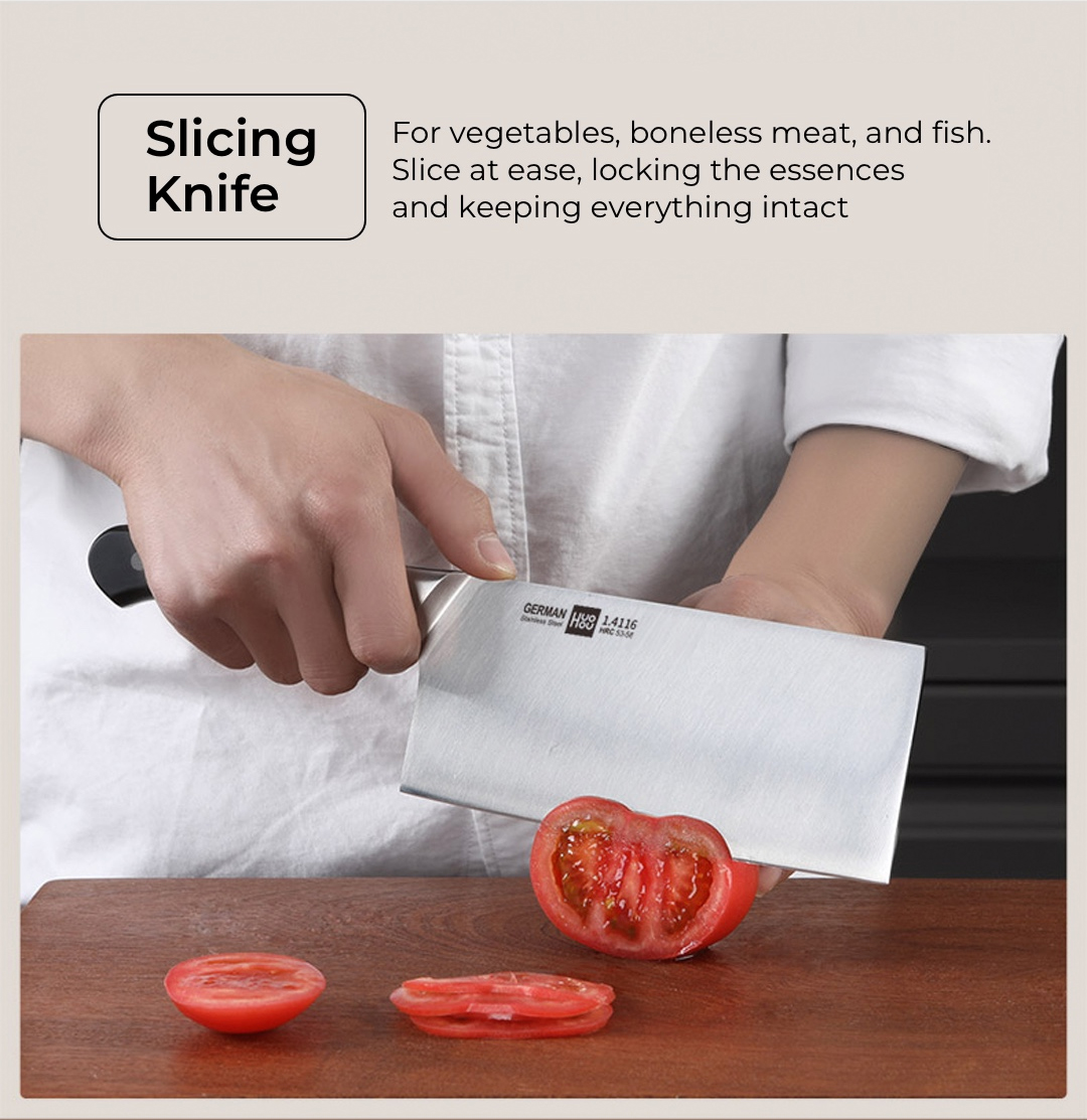 slicing knife. For vegetables, boneless meat, and fish. Slice at ease, locking the essences and keeping everything intact