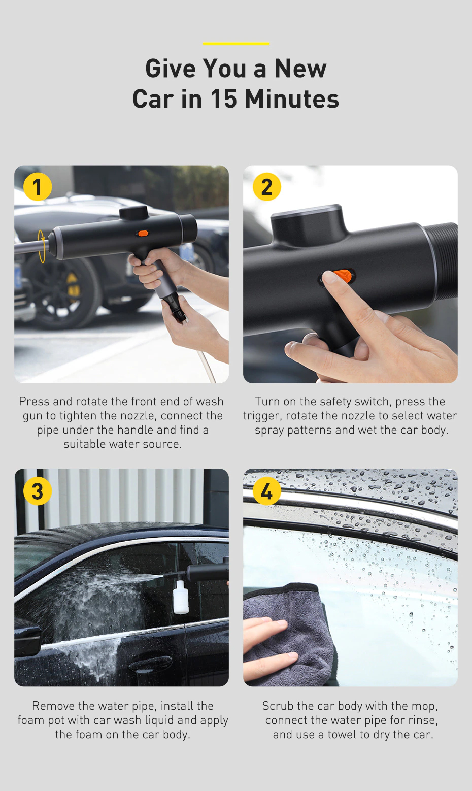 Press and rotate the front end of wash gun to tighten the nozzle. connect the pipe under the handle and find a suitable water source.